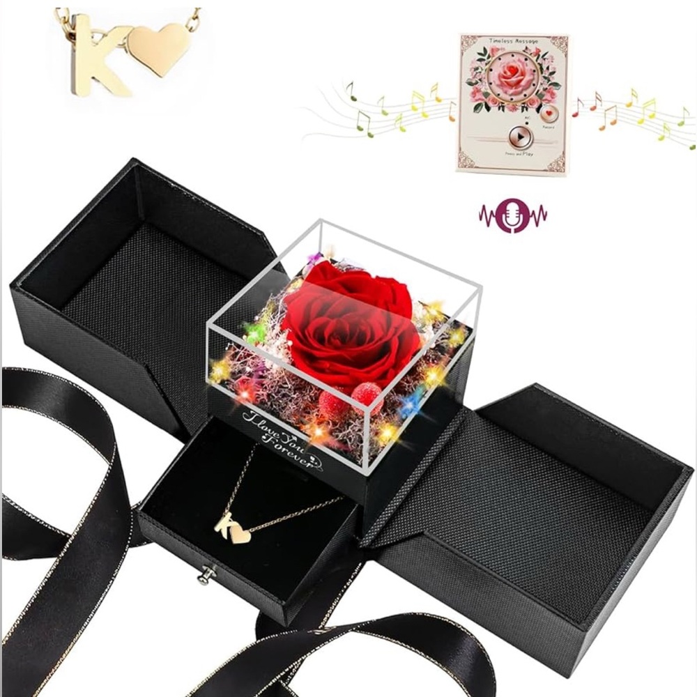 Forever light up Rose in gift box Heart Initial K Necklace with voice recorder